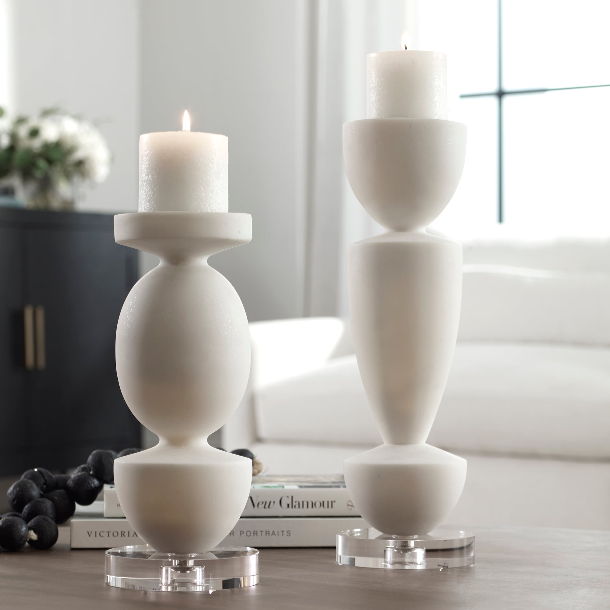 Lido White Stone Candleholders Set/2