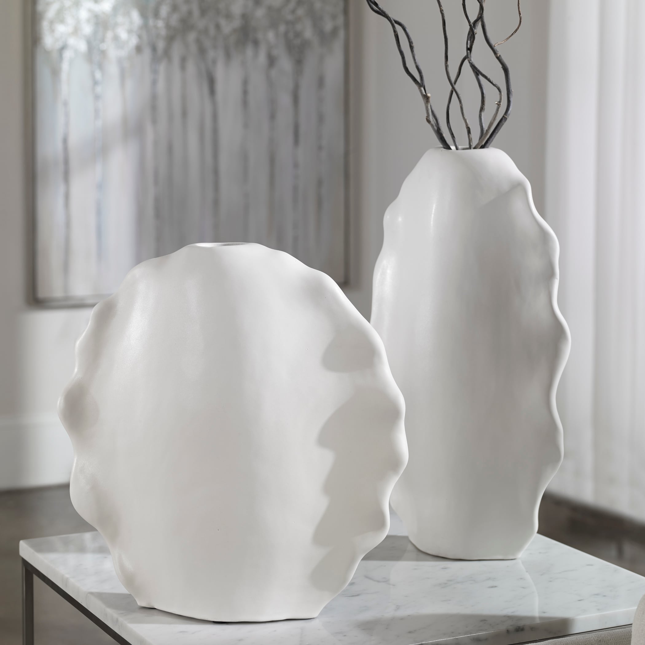 Ruffled Feathers Modern White Vases S/2