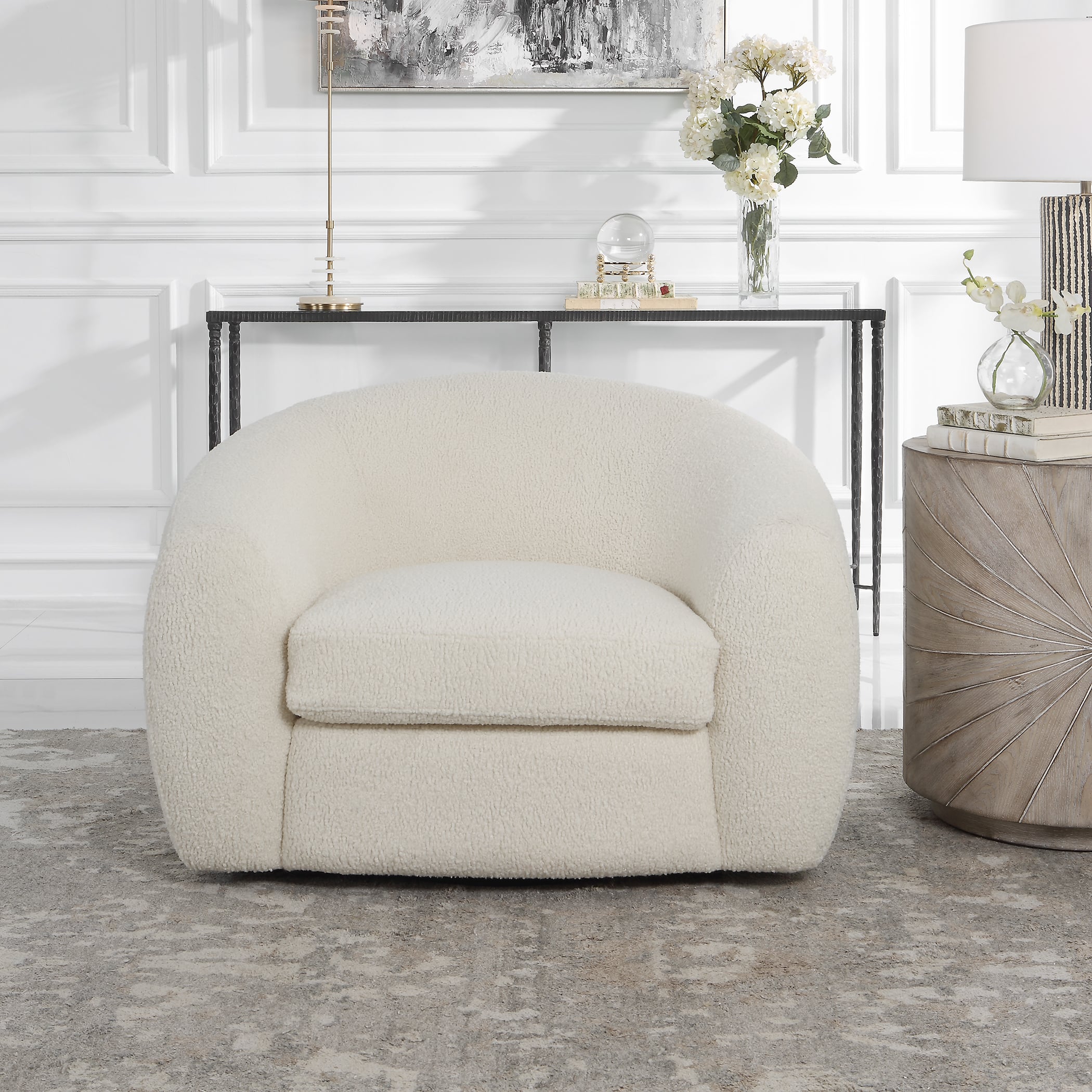 Upholstered Faux Shearling Swivel Chair