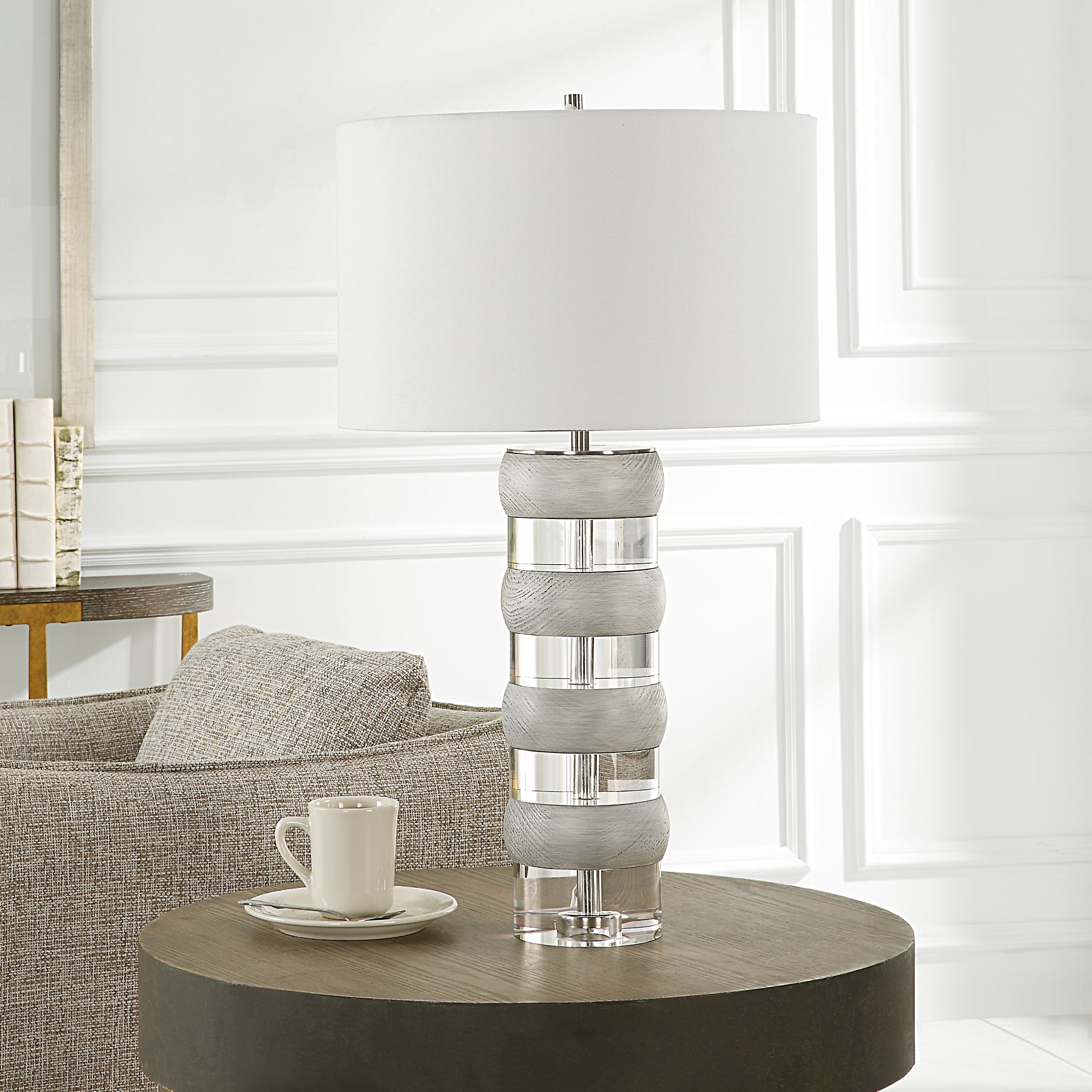 Crystal and Wood Table Lamp with White Shade