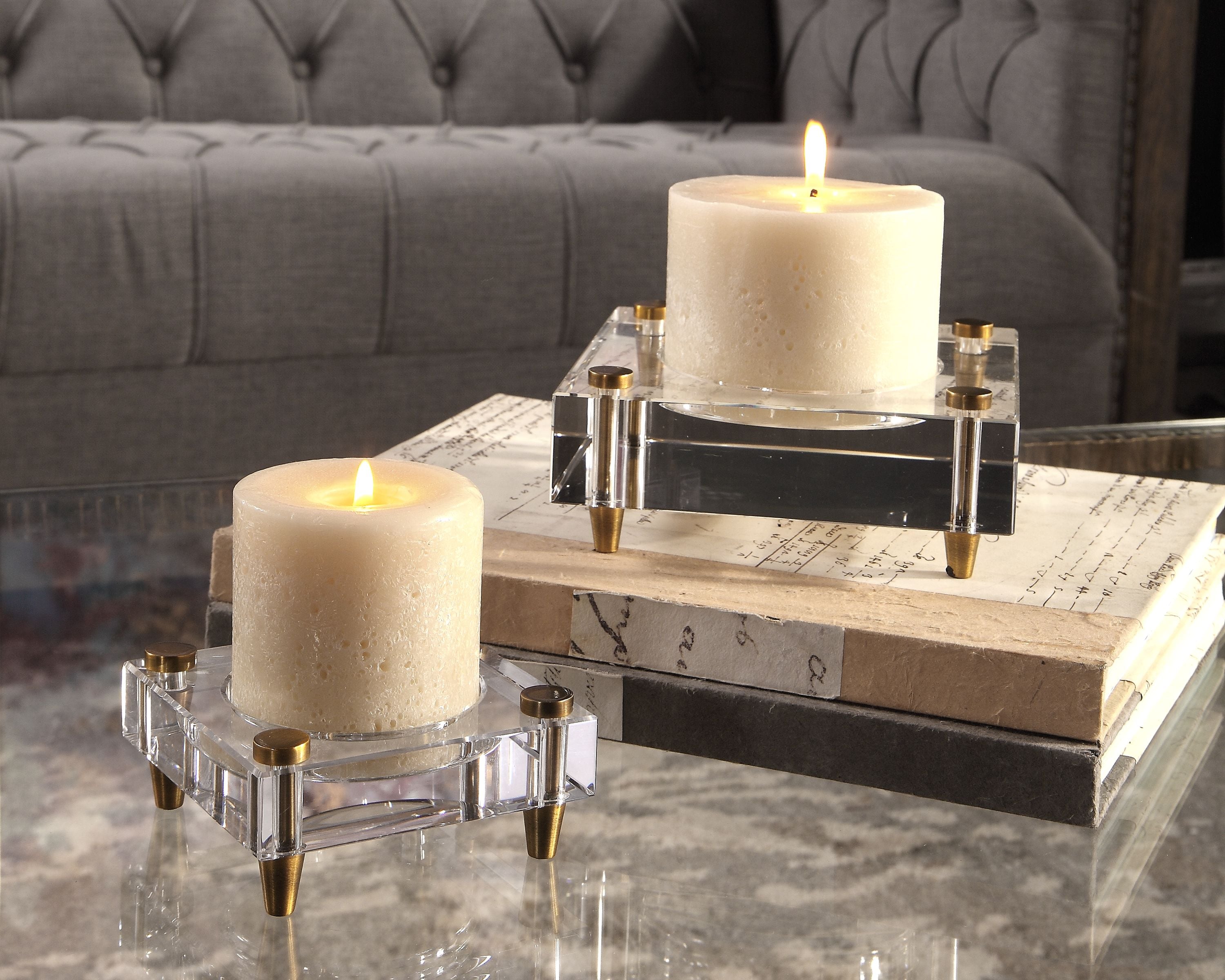 Claire Crystal Block Candleholders, S/2