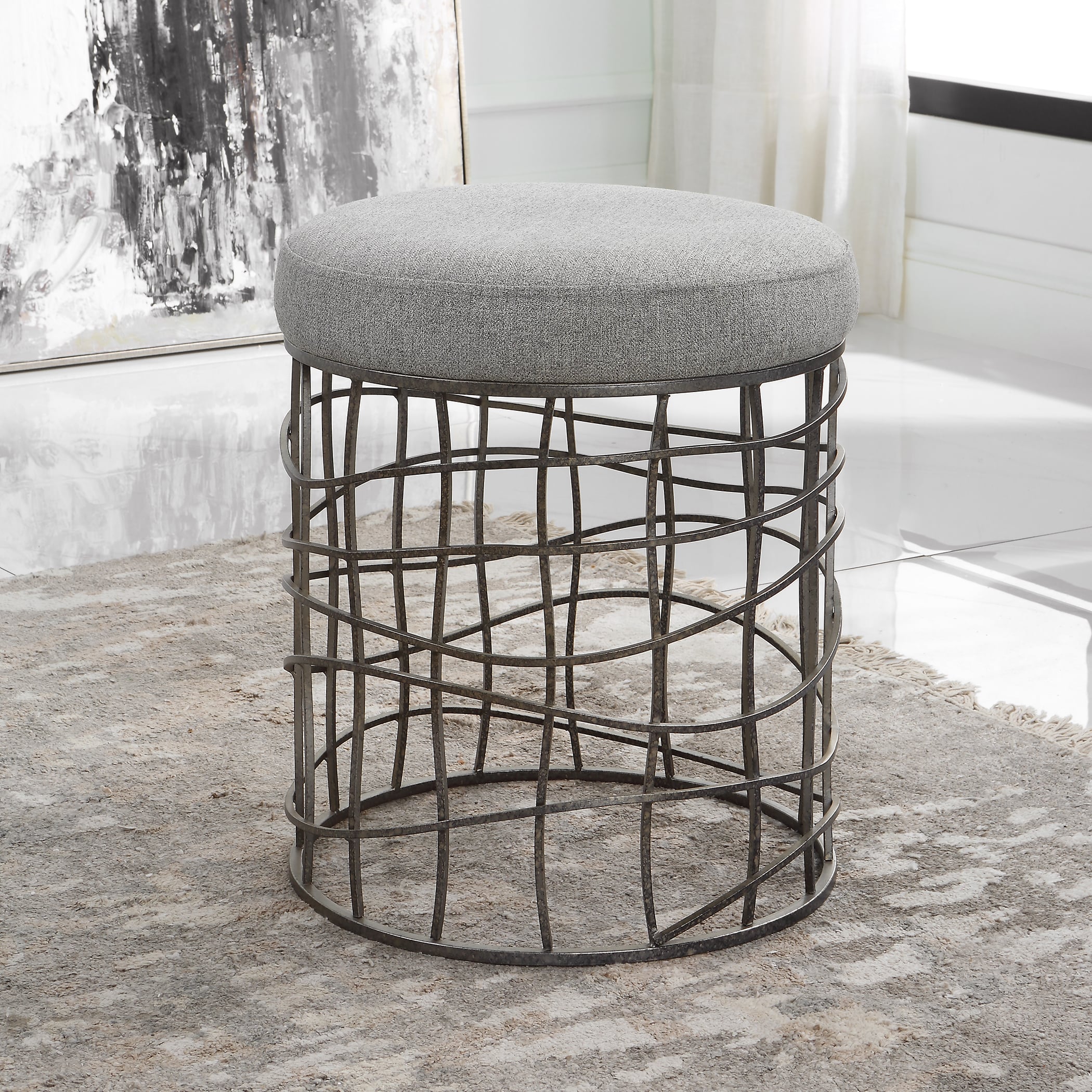 Round Accent Stool with Upholstered Seat