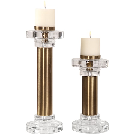 Leslie Brushed Brass Candleholders, S/2