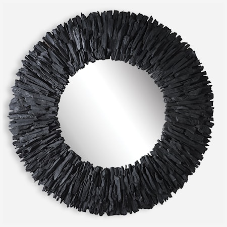 Teak Branch Black Round Mirror