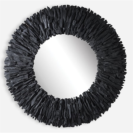 Teak Branch Black Round Mirror