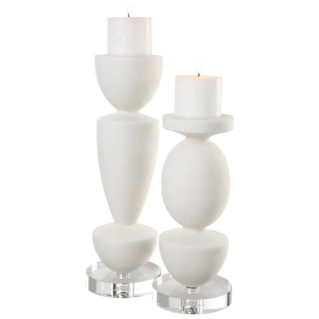 Lido White Stone Candleholders Set/2