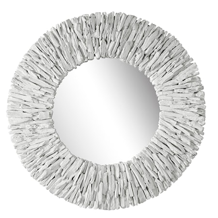 Teak Branch White Round Mirror