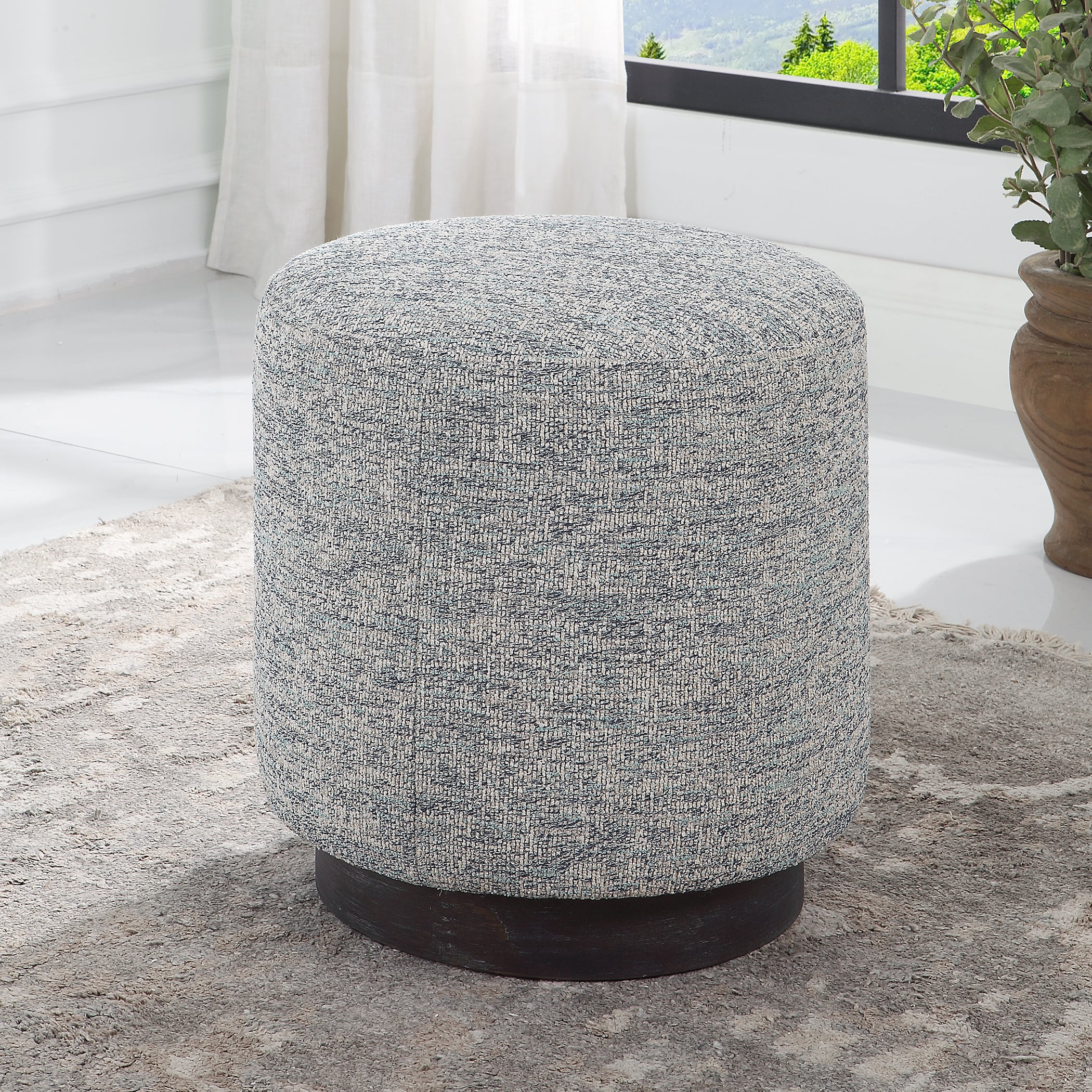 Grey Tweed Round Ottoman with Oak Base