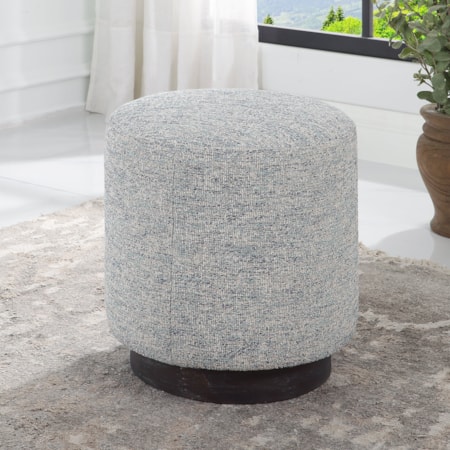 Grey Tweed Round Ottoman with Oak Base