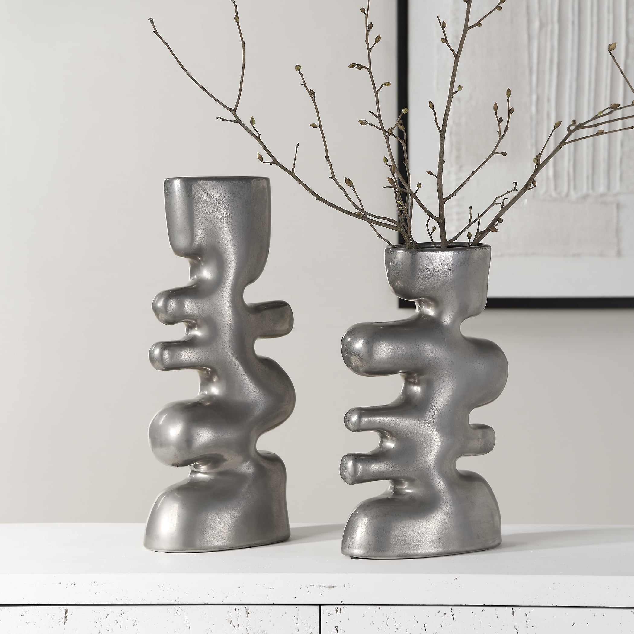 Free Flowing Nickel Vases Set/2