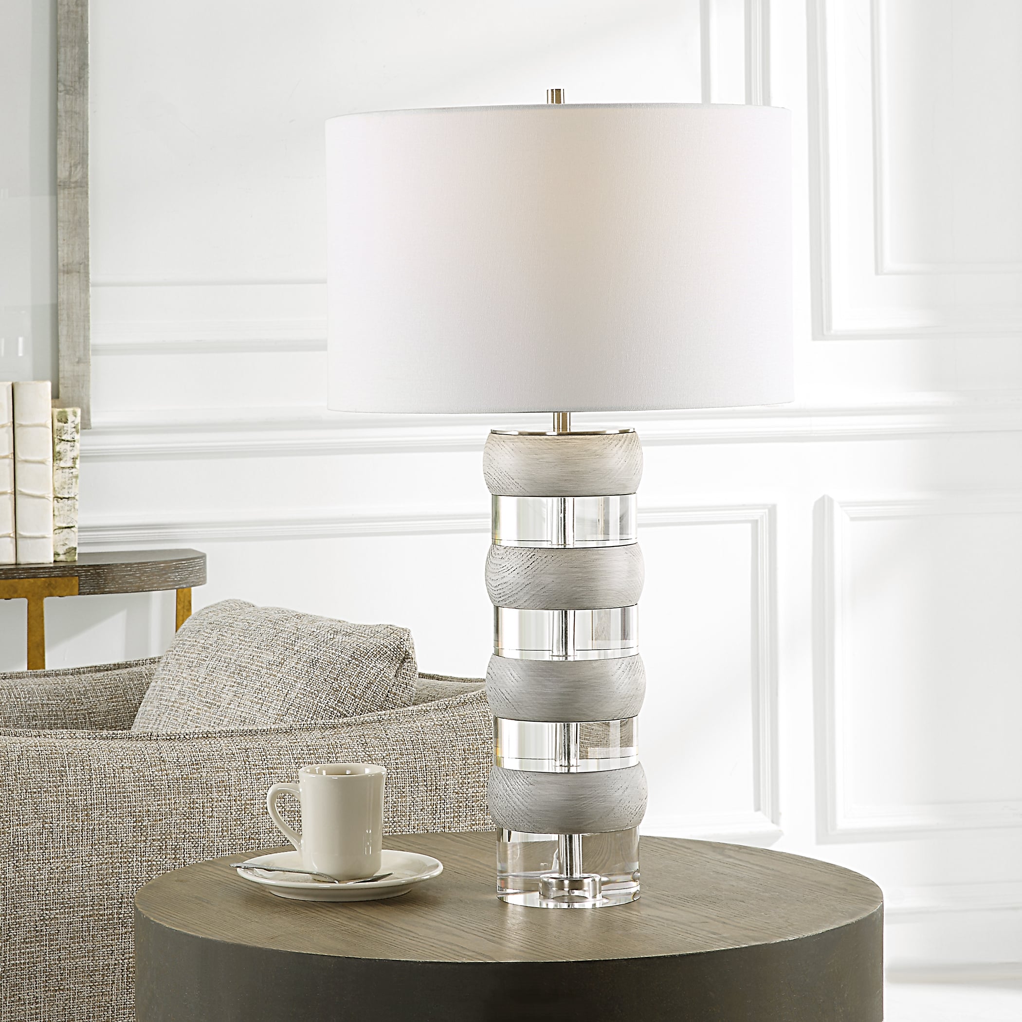 Crystal and Wood Table Lamp with White Shade