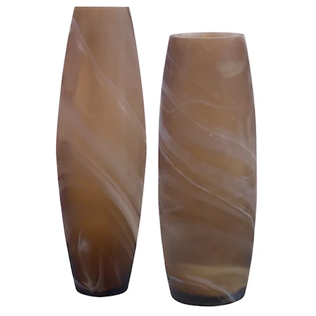 Handcrafted Swirl Caramel Glass Column Vases- Set of 2