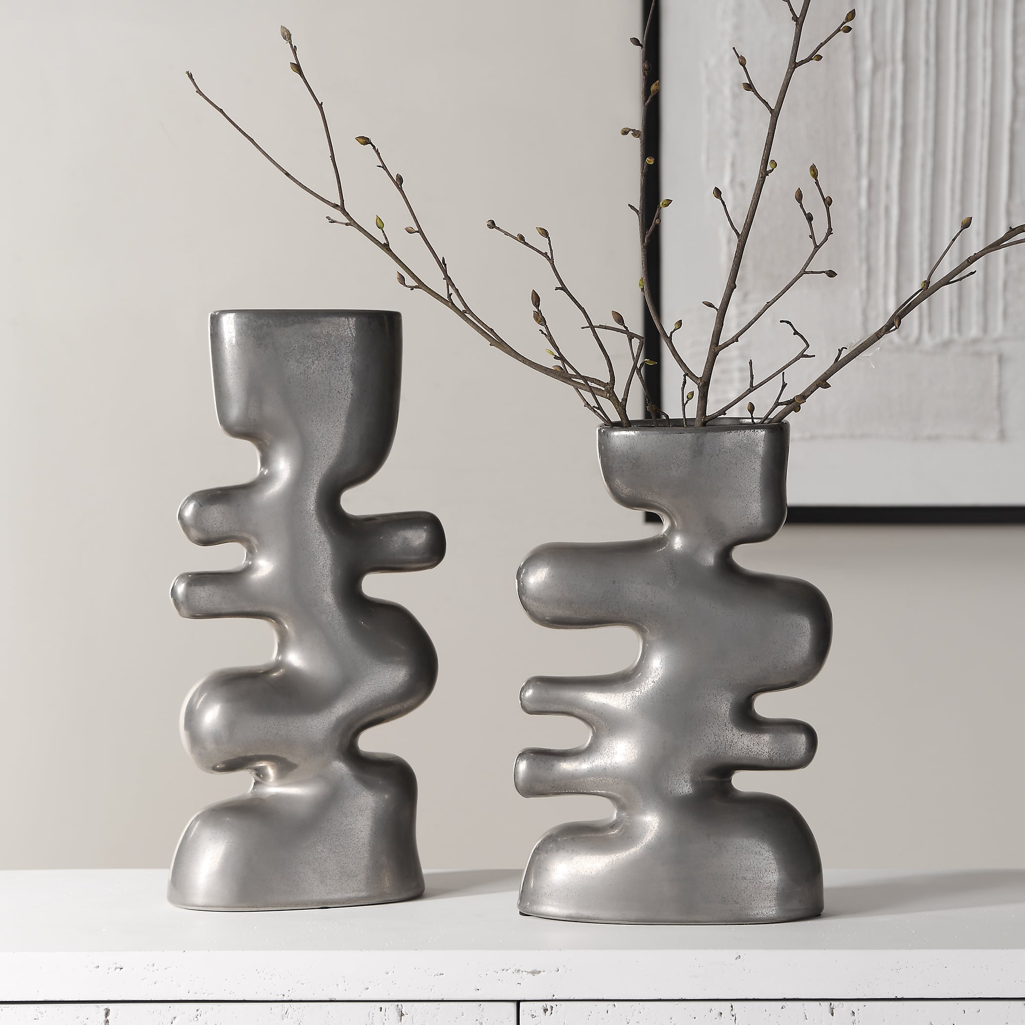 Free Flowing Nickel Vases Set/2