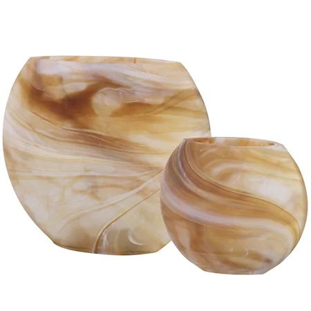 Contemporary Set of 2 Fusion Swirled Caramel and Ivory Vases