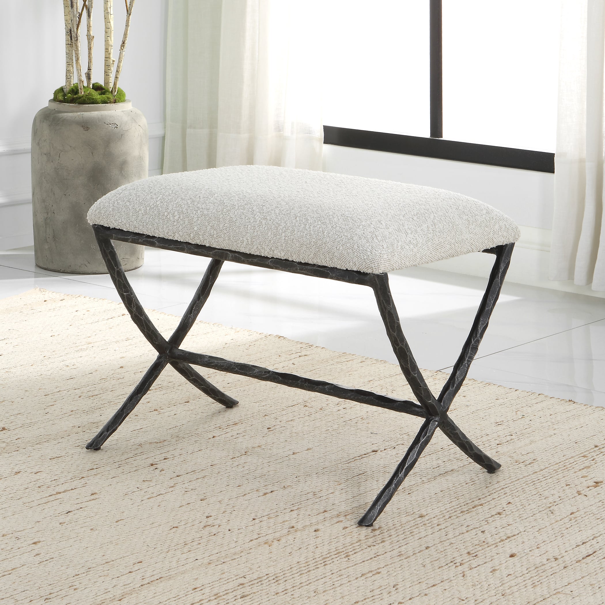 Gray Fabric Bench with Iron Base