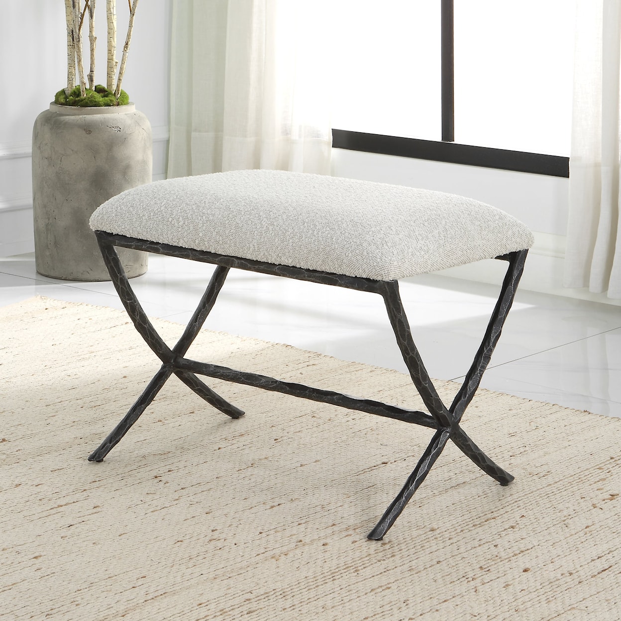 Uttermost Brisby Gray Fabric Bench with Iron Base