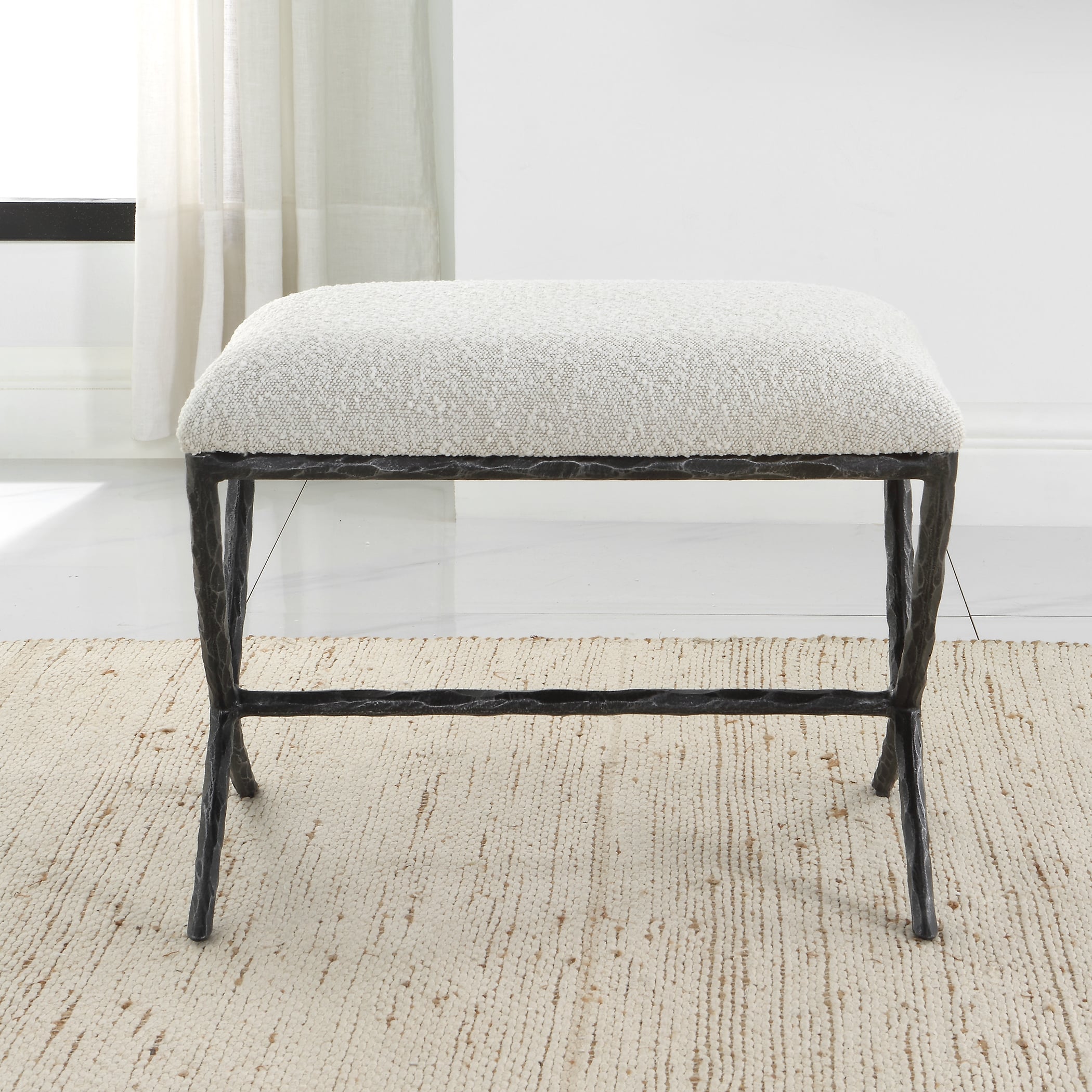 Gray Fabric Bench with Iron Base
