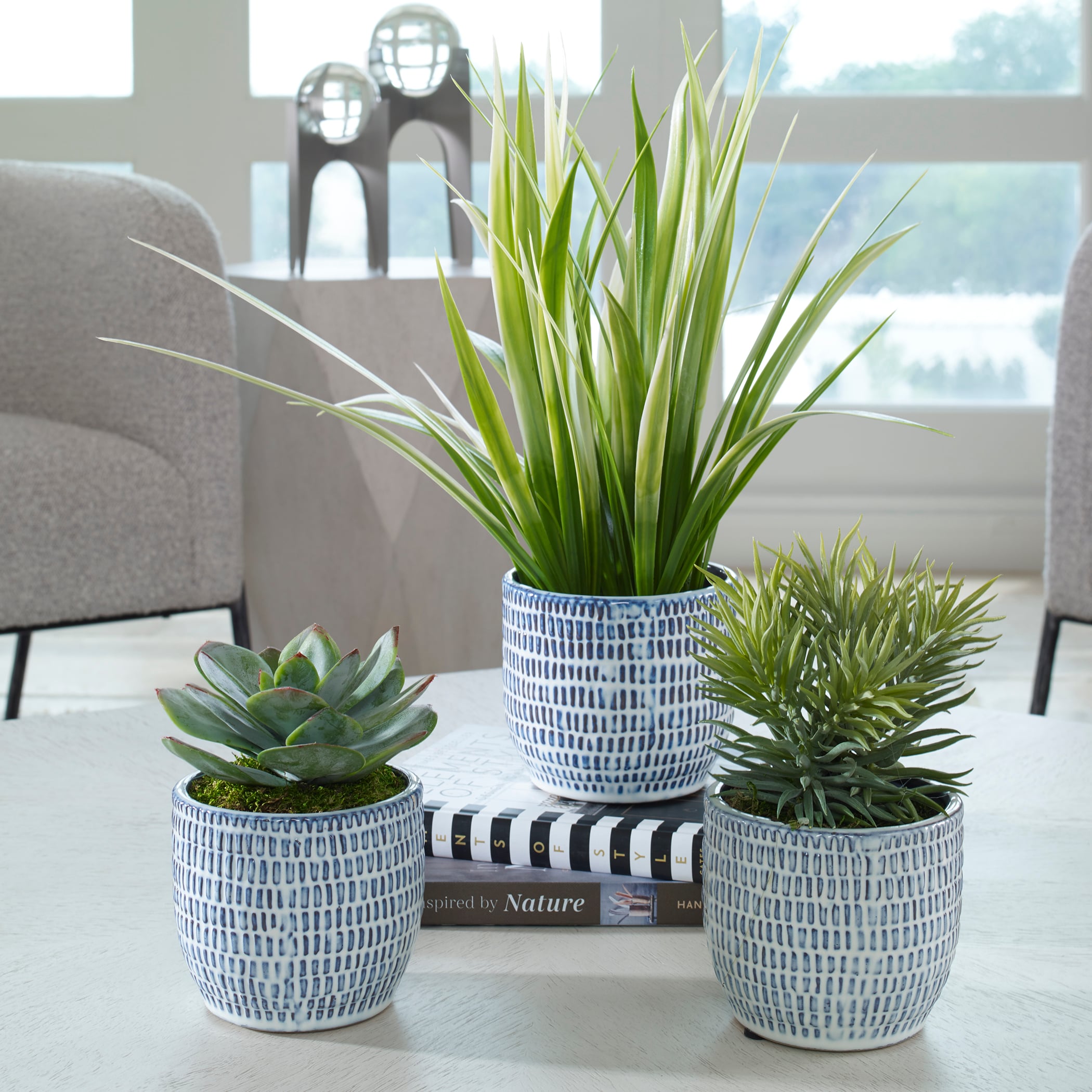 Puebla Greenery In Blue &amp; White Pots S/3