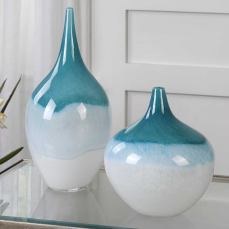 Carla Teal White Vases, S/2