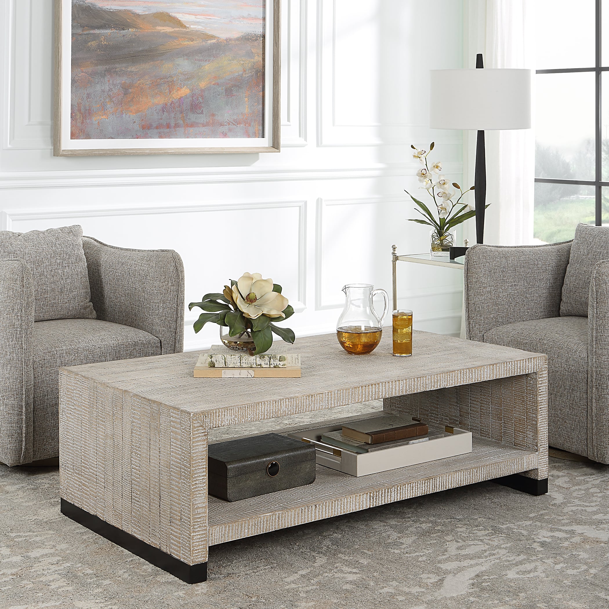 White Washed Coffee Table with Open Shelving