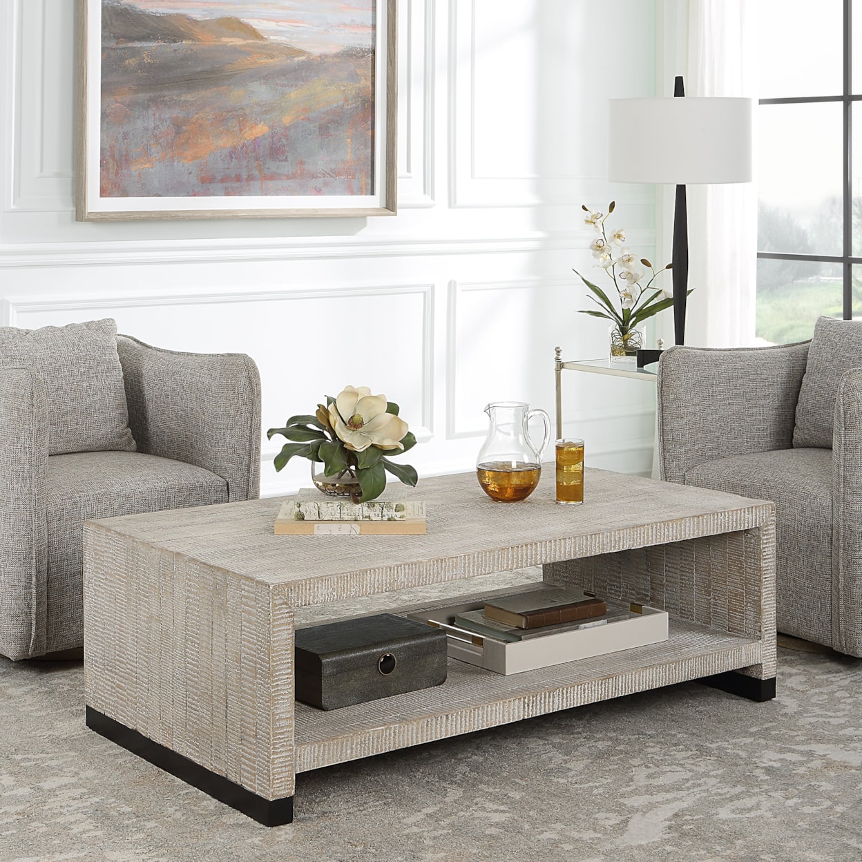 SEGAWE White Coffee Table With Open Storage Shelf – Rectangular, 39.4"L X 21.7"W X 18.9"H