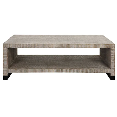 Rustic White Washed Coffee Table with Open Shelving