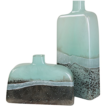 Fuze Aqua & Bronze Vases, Set Of 2