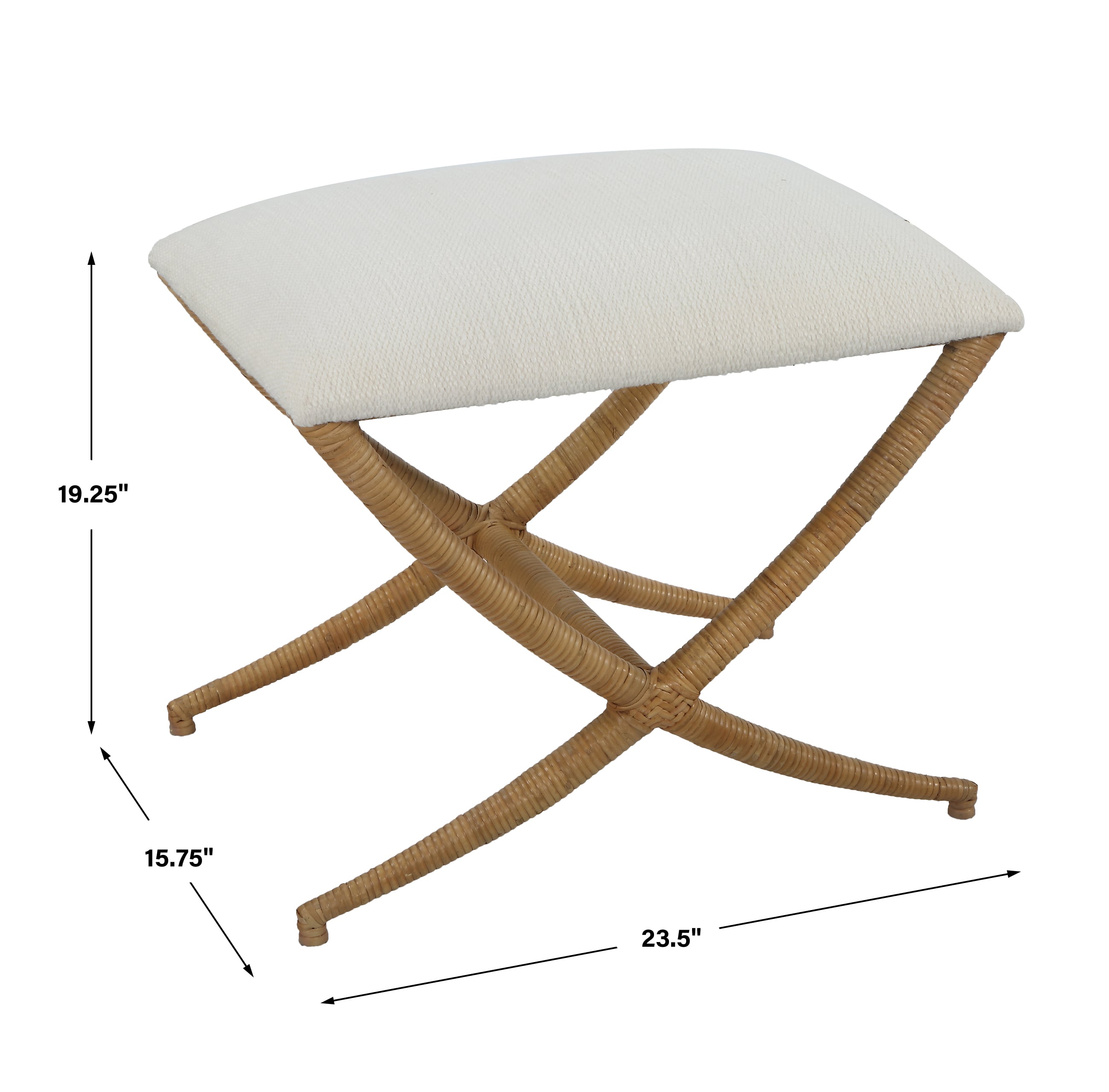 Uttermost Expedition White Fabric Bench with Rattan Wrapped Legs