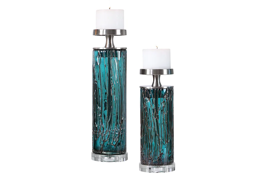 Accessories - Candle Holders Almanzora Teal Glass Candleholders, S/2 by Uttermost at Del Sol Furniture