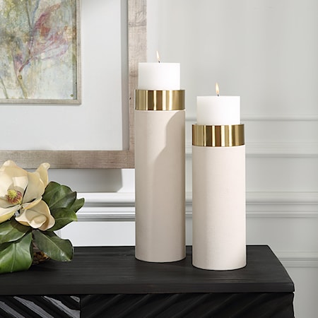 Wessex White Pillar Candleholders Set Of 2