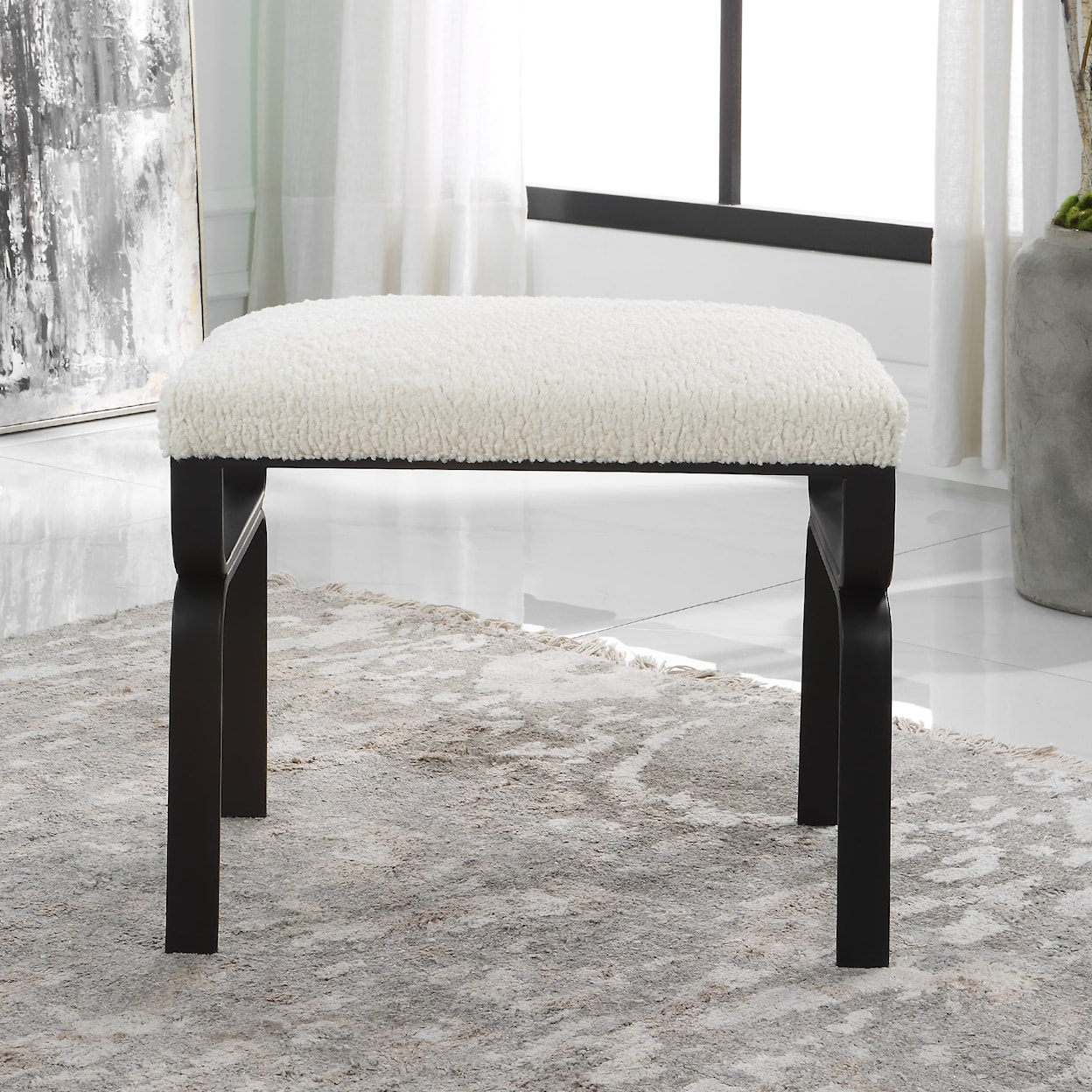 Uttermost Diverge White Shearling Bench with Iron Base