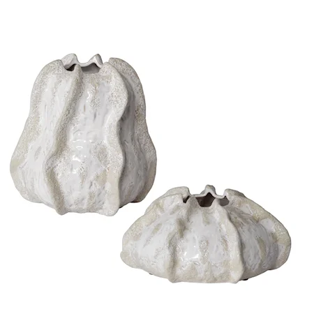 Urchin Textured Ivory Vases, S/2