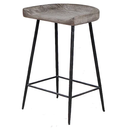Rustic Carved Wood Counter Stool with Iron Legs