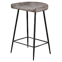 Rustic Carved Wood Counter Stool with Iron Legs