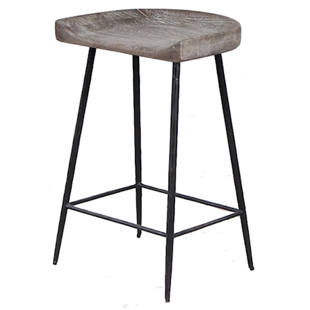 Carved Wood Counter Stool with Iron Legs