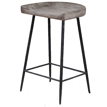 Carved Wood Counter Stool with Iron Legs