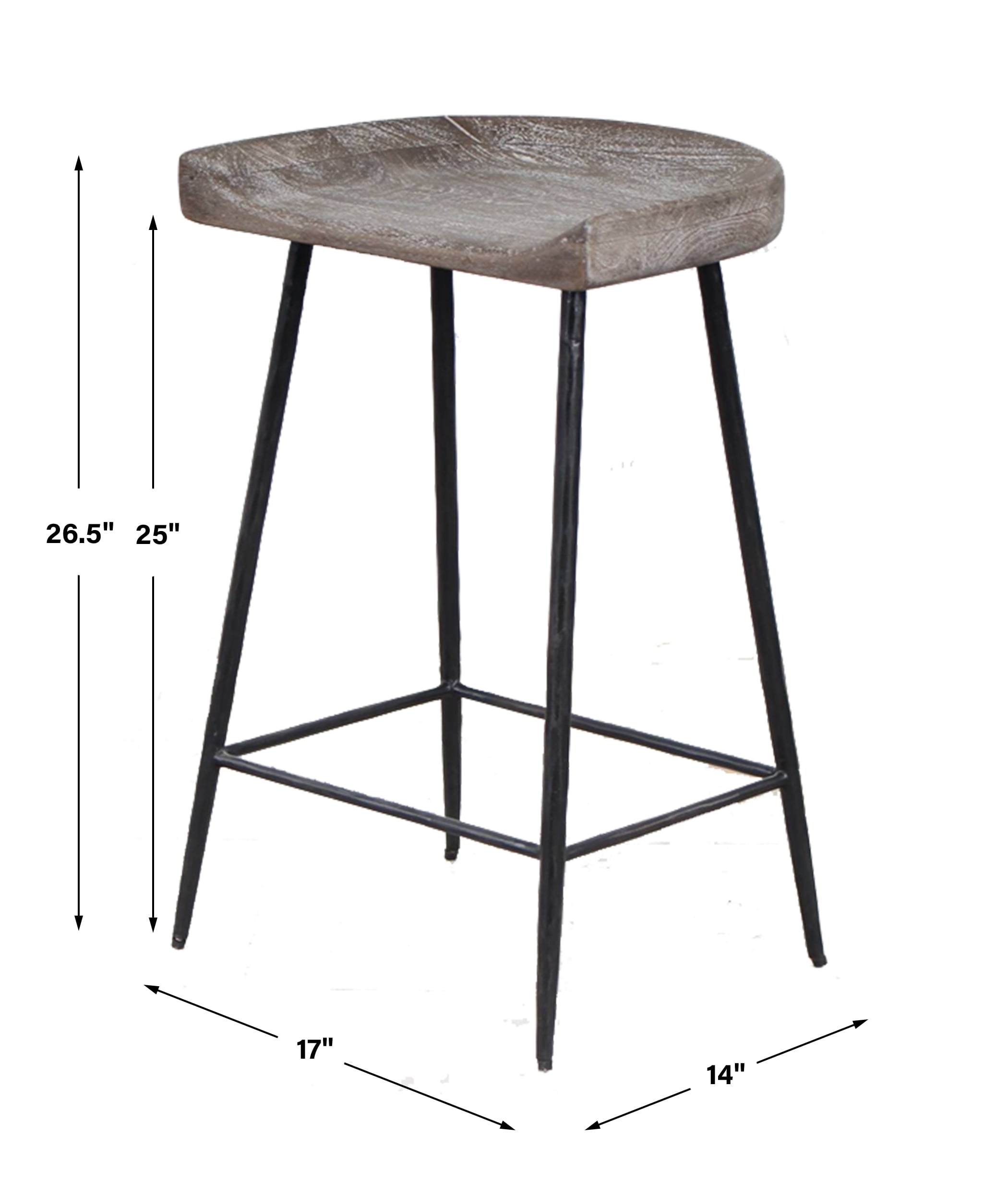 Carved Wood Counter Stool with Iron Legs