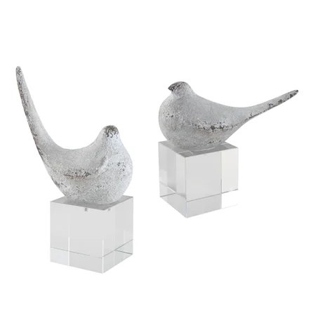 Silver Bird Sculptures with Crystal Base- Set of 2