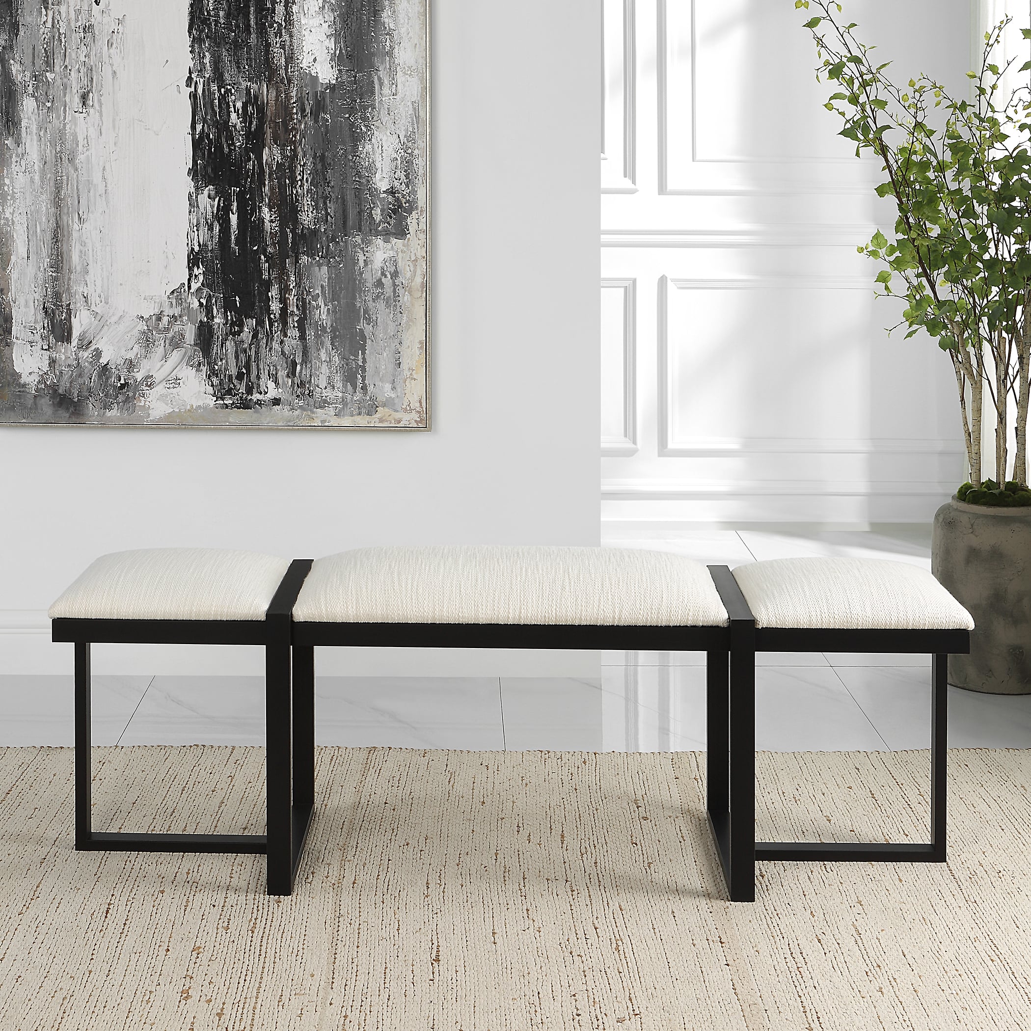 Upholstered Bench with Black Metal Frame