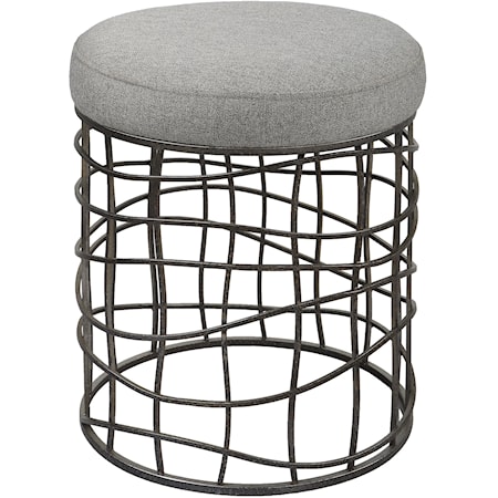 Industrial Iron Round Accent Stool with Upholstered Seat