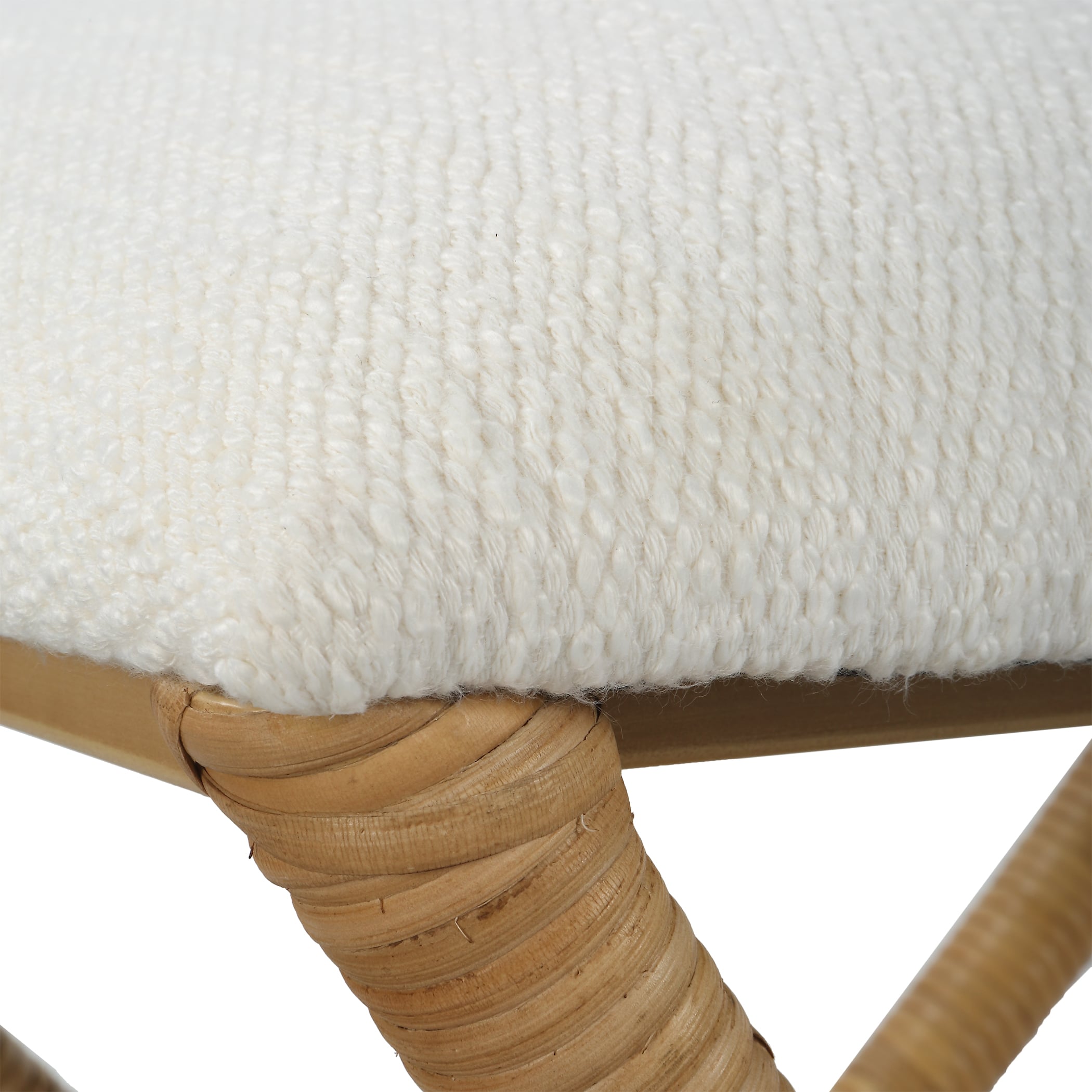 White Fabric Bench with Rattan Wrapped Legs