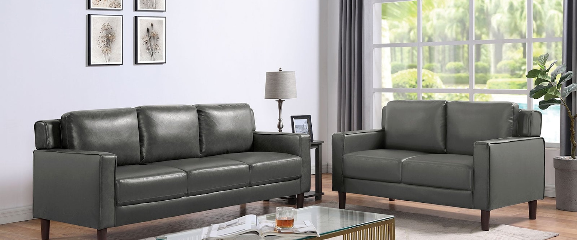 Contemporary Faux Leather Sofa and Loveseat Set - Gray