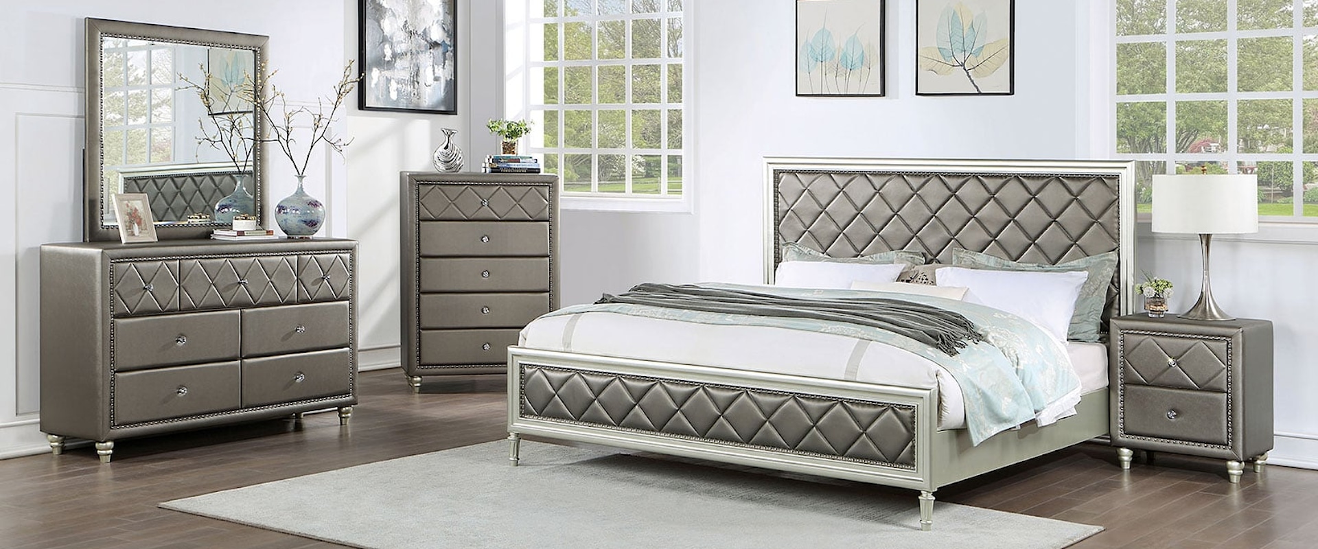 Glam 5-Piece Queen Upholstered Panel Bedroom Set with 2 Nightstands