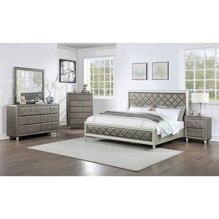 Glam 5-Piece Queen Upholstered Panel Bedroom Set with Chest