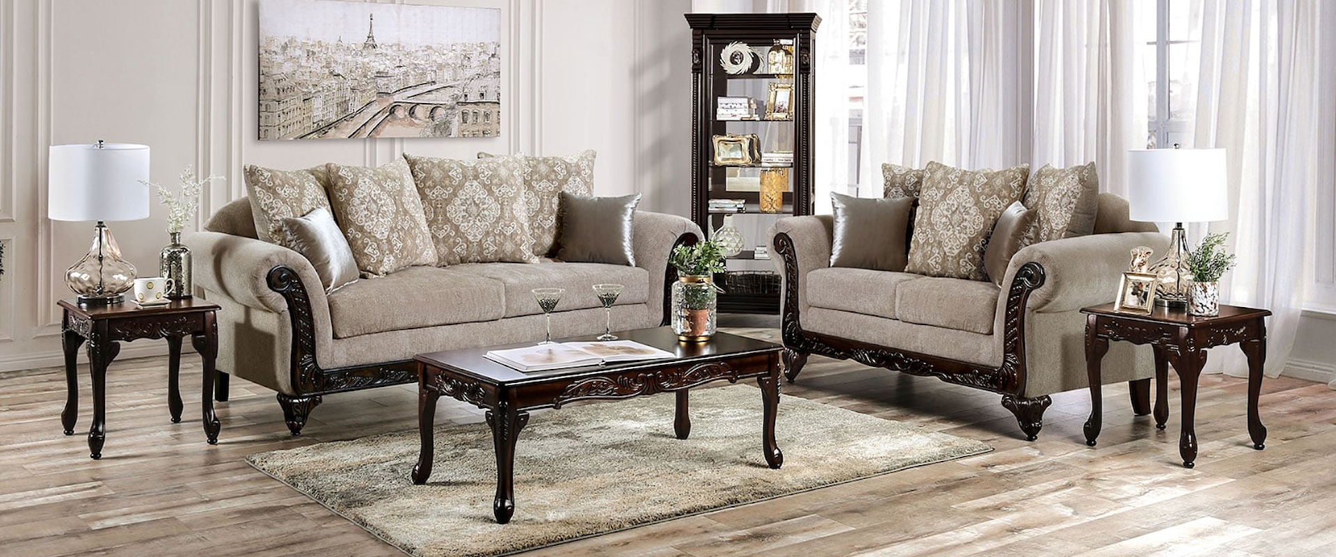 Contemporary Sofa and Loveseat with Wood Carved Accents