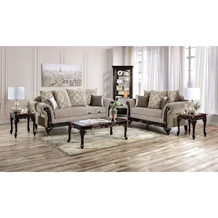 Contemporary Sofa and Loveseat with Wood Carved Accents