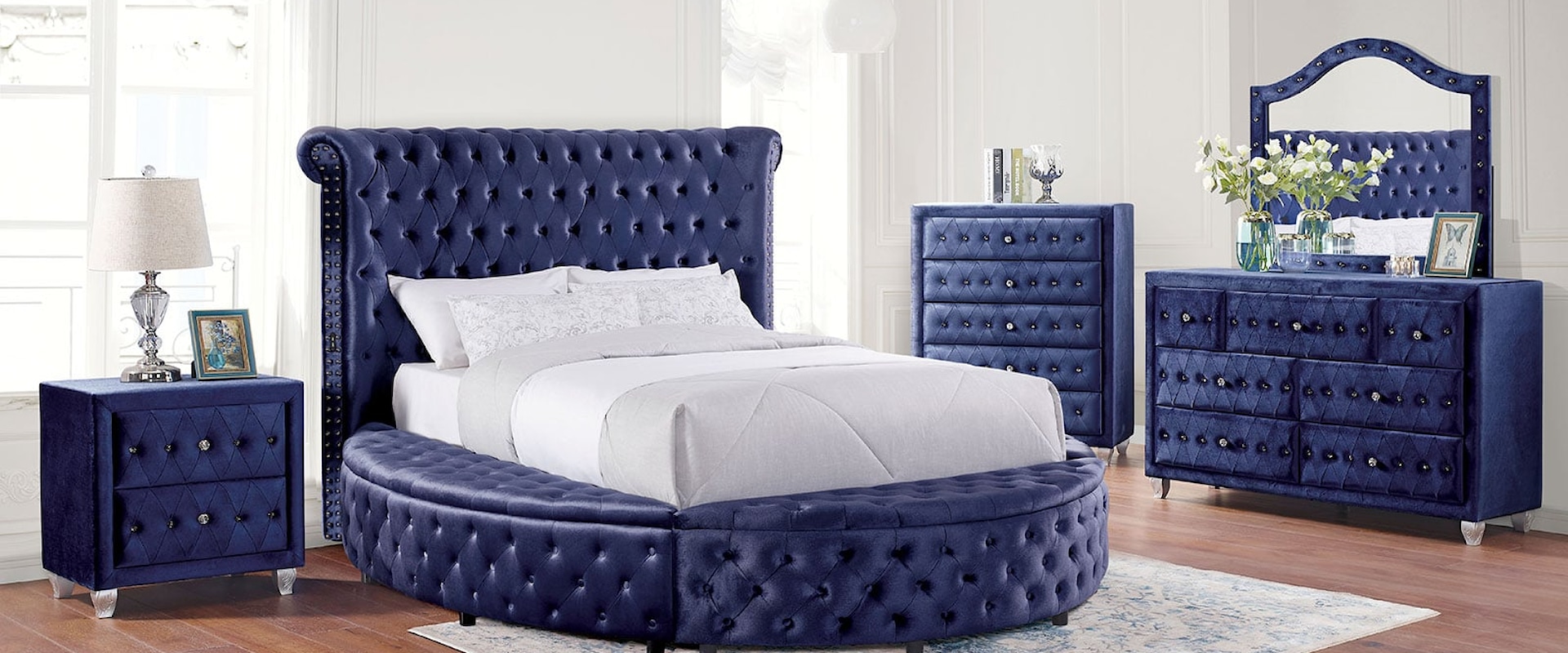 5-Piece Glam Upholstered Queen Round Bed with 2 Nightstands