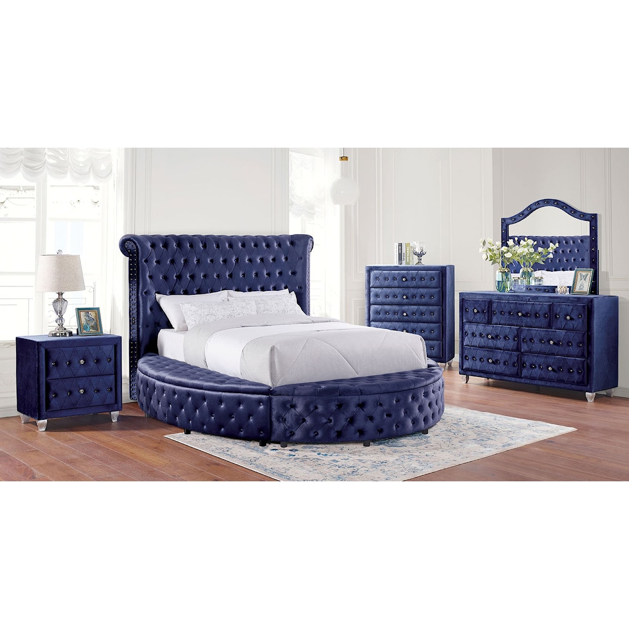Furniture of America Sansom 4-Piece Upholstered Queen Round Bed