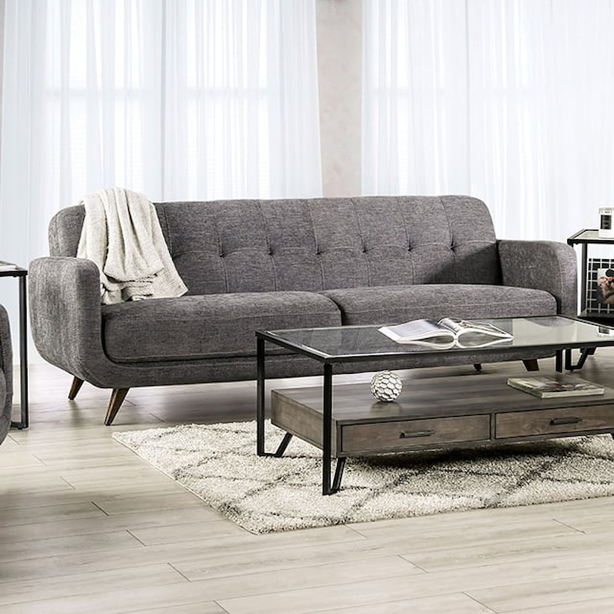 Furniture of America Siegen Sofa with Biscuit-Tufting