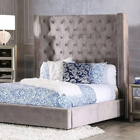 Rosabelle Upholstered Queen Bed with Button Tufted Headboard and Nailhead Trim - Gray